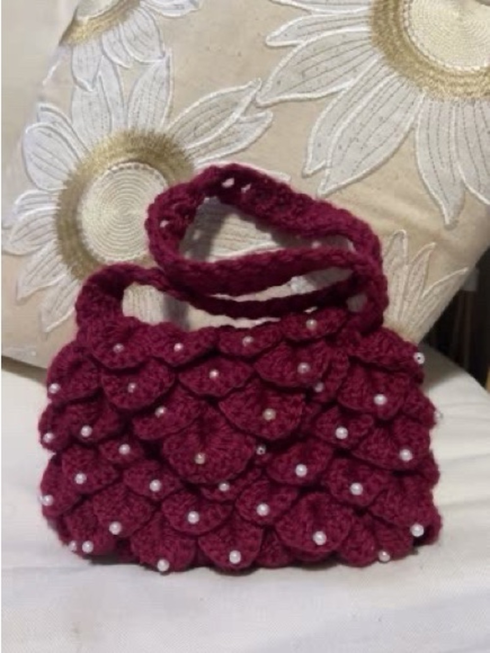 Handmade Burgundy Crochet Pearl Accent Shoulder Bag